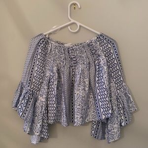 Blue and White Off the Shoulder Blouse